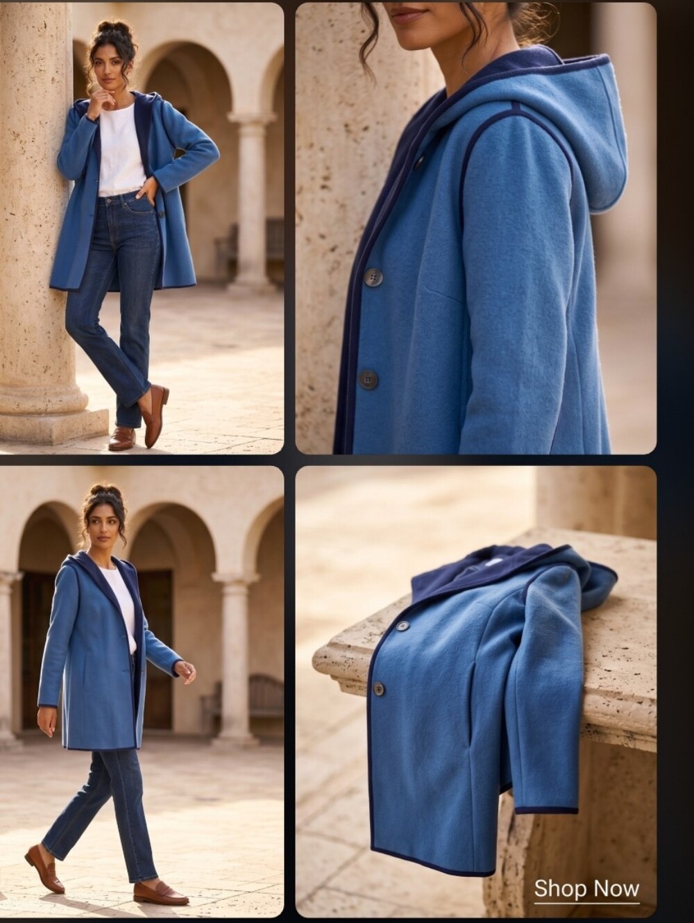 Reversable Blue Hooded Trench Coat with Contrast Trim Women's Size Large - Picture 6 of 6